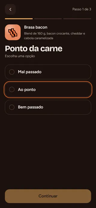 Passo 1: Toque no produto. A primeira pergunta aparece (por exemplo, o ponto da carne).