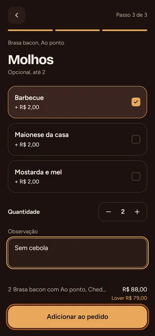 Passo 4: Ajuste a quantidade, toque em Adicionar observação se quiser pedir algo (ex.: "Sem cebola") e toque em Adicionar ao pedido.