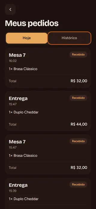 Passo 3: Veja os pedidos de hoje. Para os mais antigos, toque em Histórico.