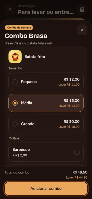 Passo 3: Responda as escolhas de cada item e toque em Adicionar combo.