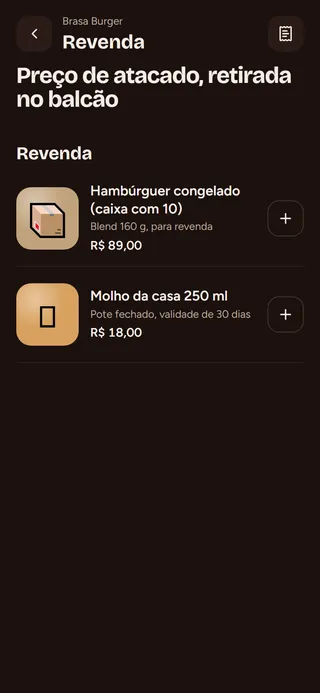 Passo 1: Abra o link de revenda. O cardápio mostra só os produtos e preços de revenda. Peça como em qualquer pedido para retirar.