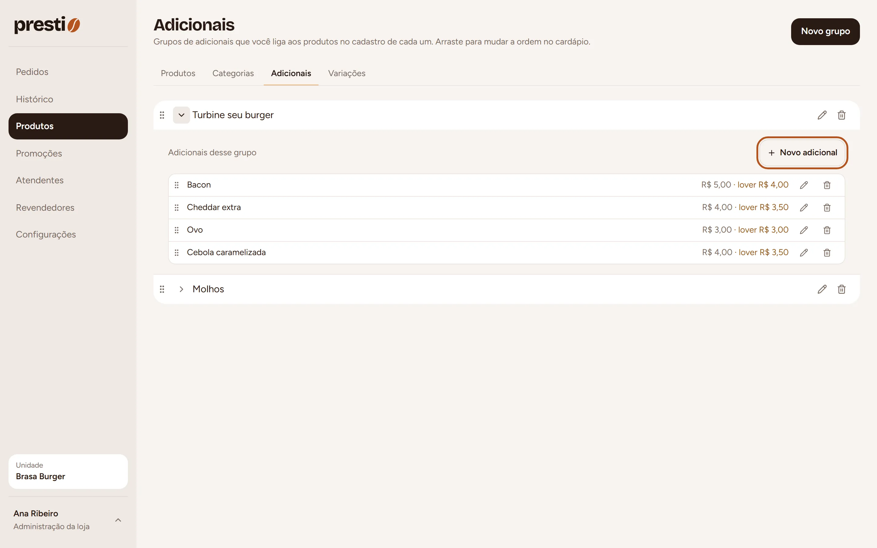 Passo 1: Abra o grupo (ex.: "Turbine seu burger") e clique em Novo adicional.