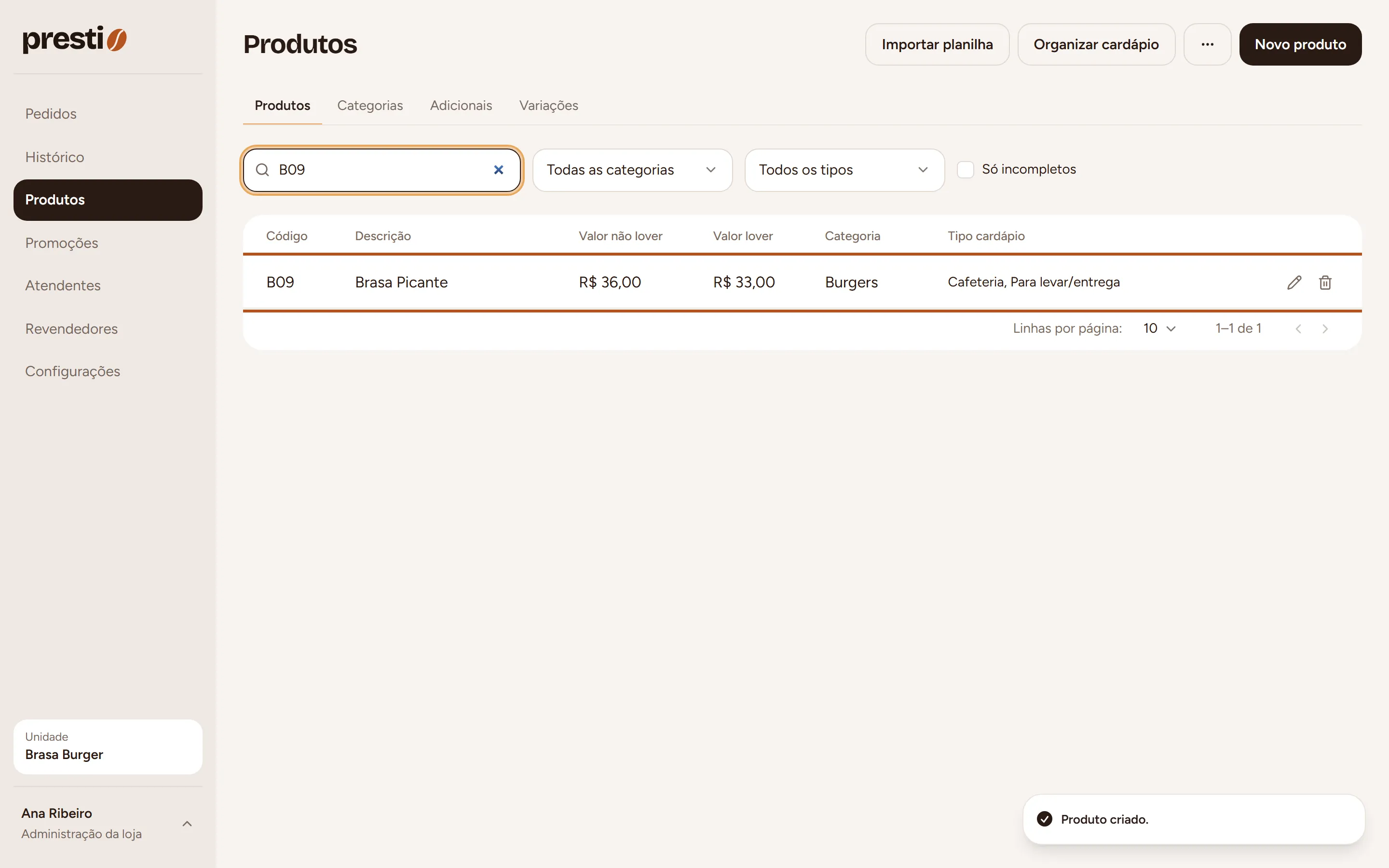 Resultado: O produto aparece na lista e no cardápio.
