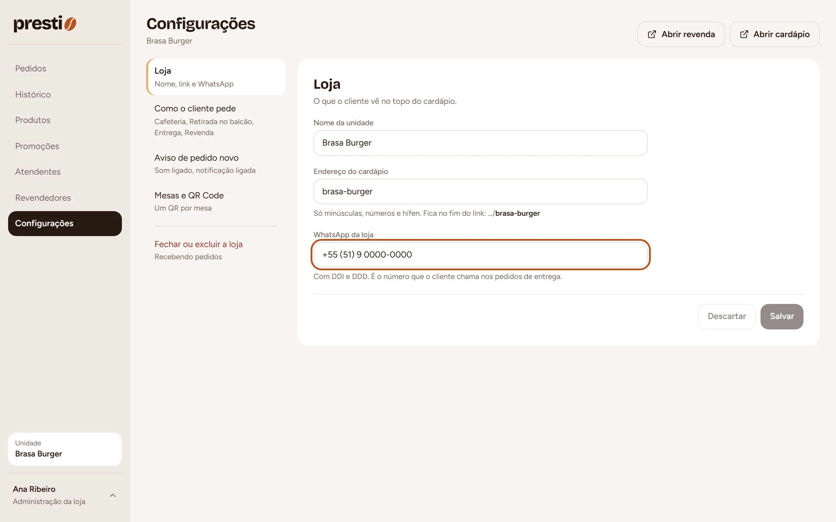 Passo 1: Edite os dados, como o WhatsApp da loja, e salve.