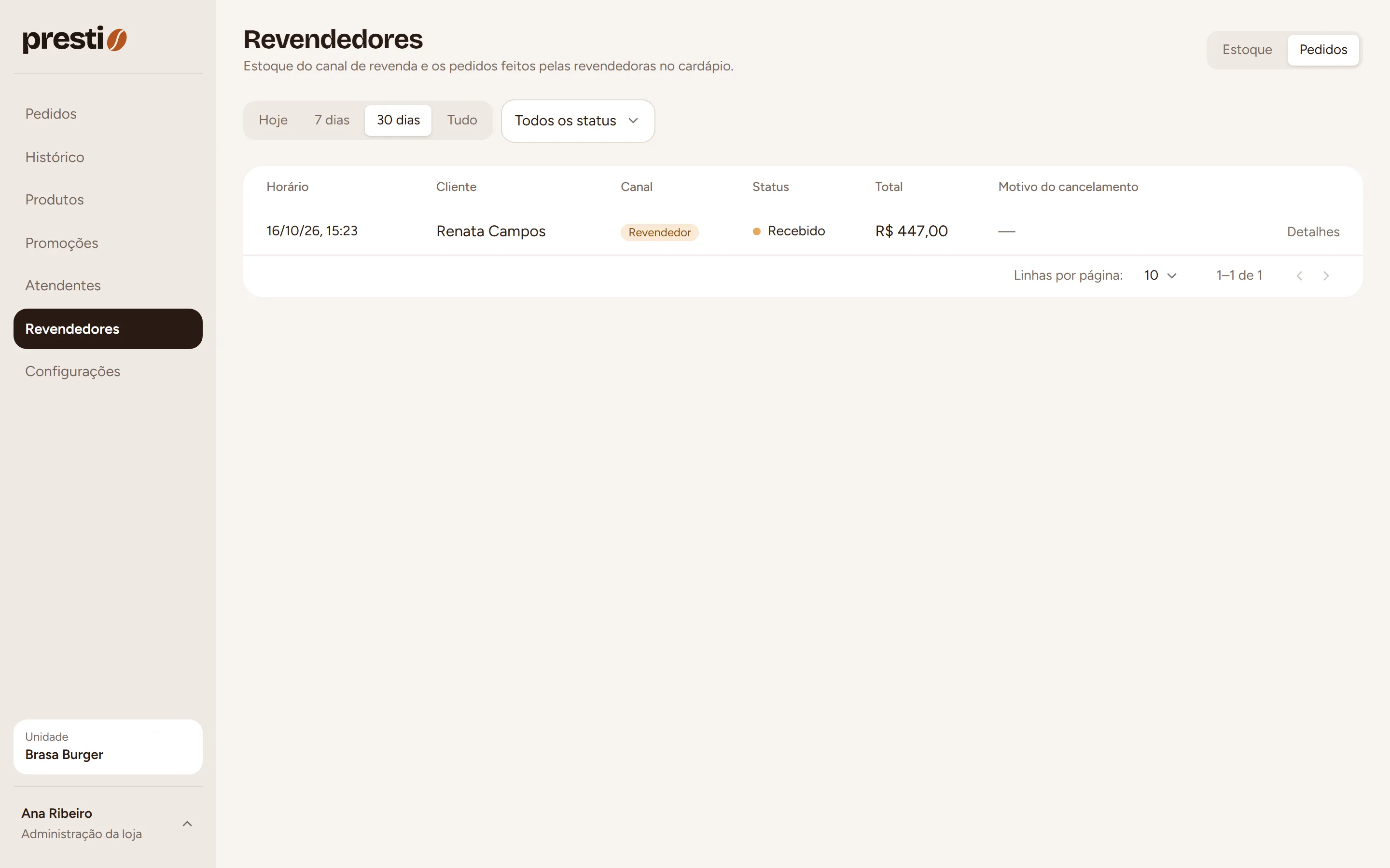 Passo 2: Clique em Pedidos para ver os pedidos de revenda.