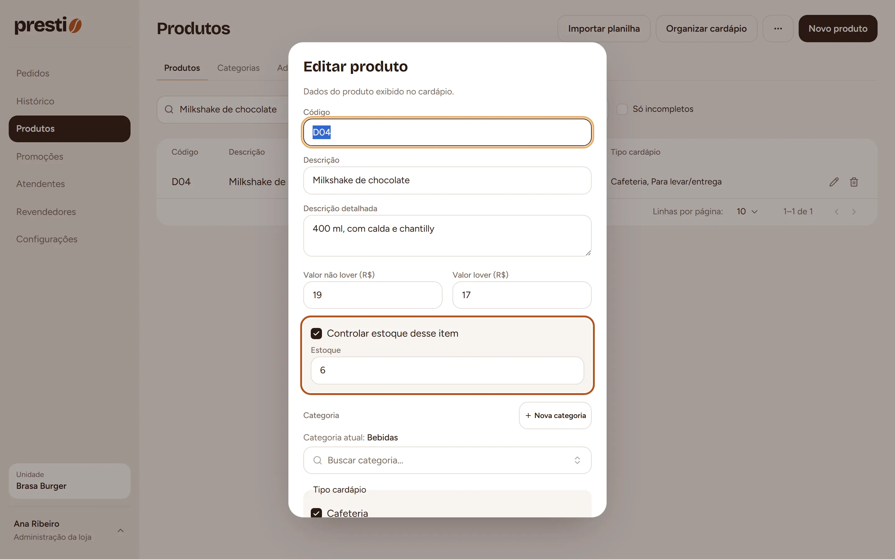 Passo 1: Marque Controlar estoque desse item, informe a quantidade em Estoque e salve.