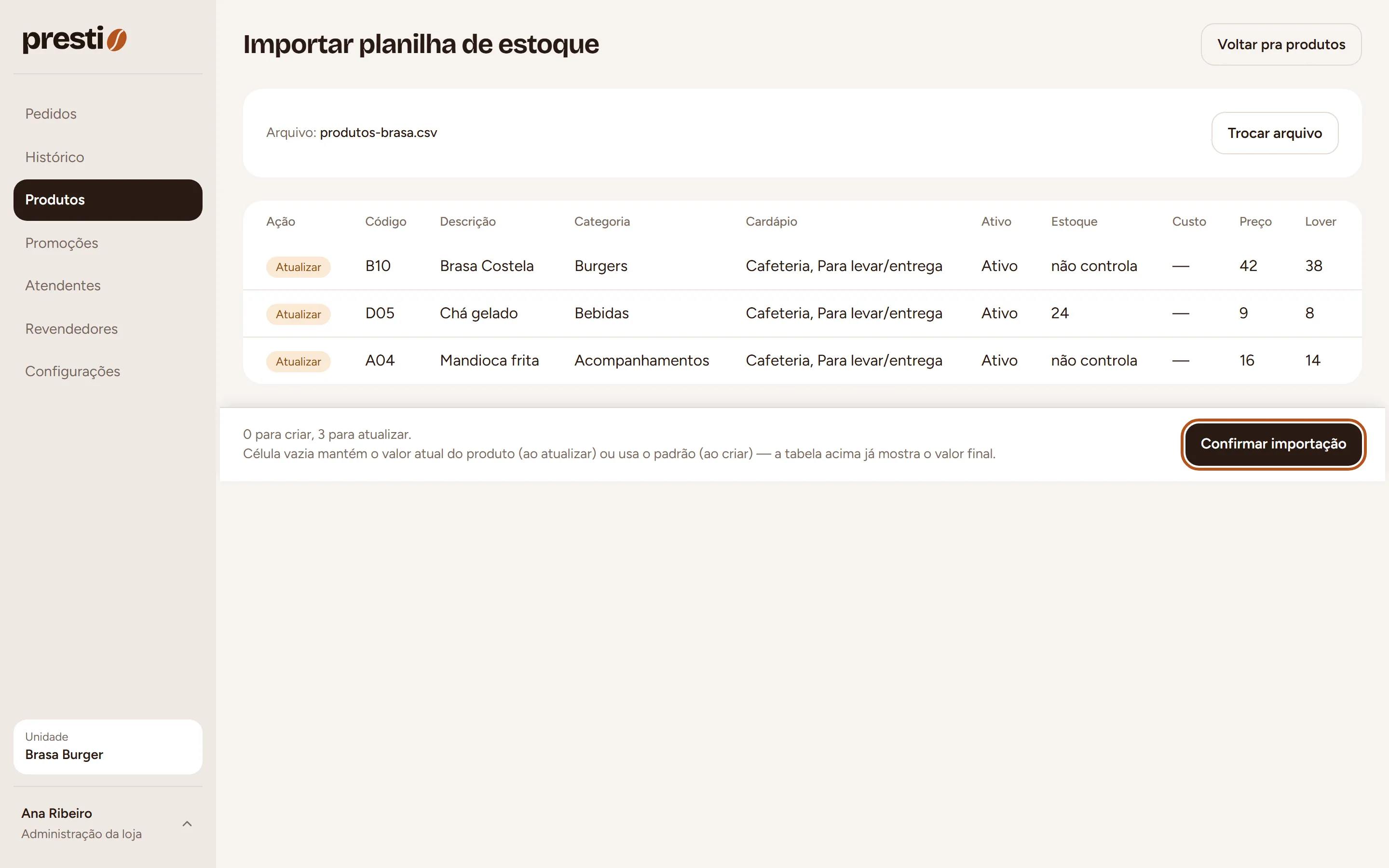 Passo 2: Confira o que vai ser criado e atualizado, e as categorias novas. Clique em Confirmar importação.
