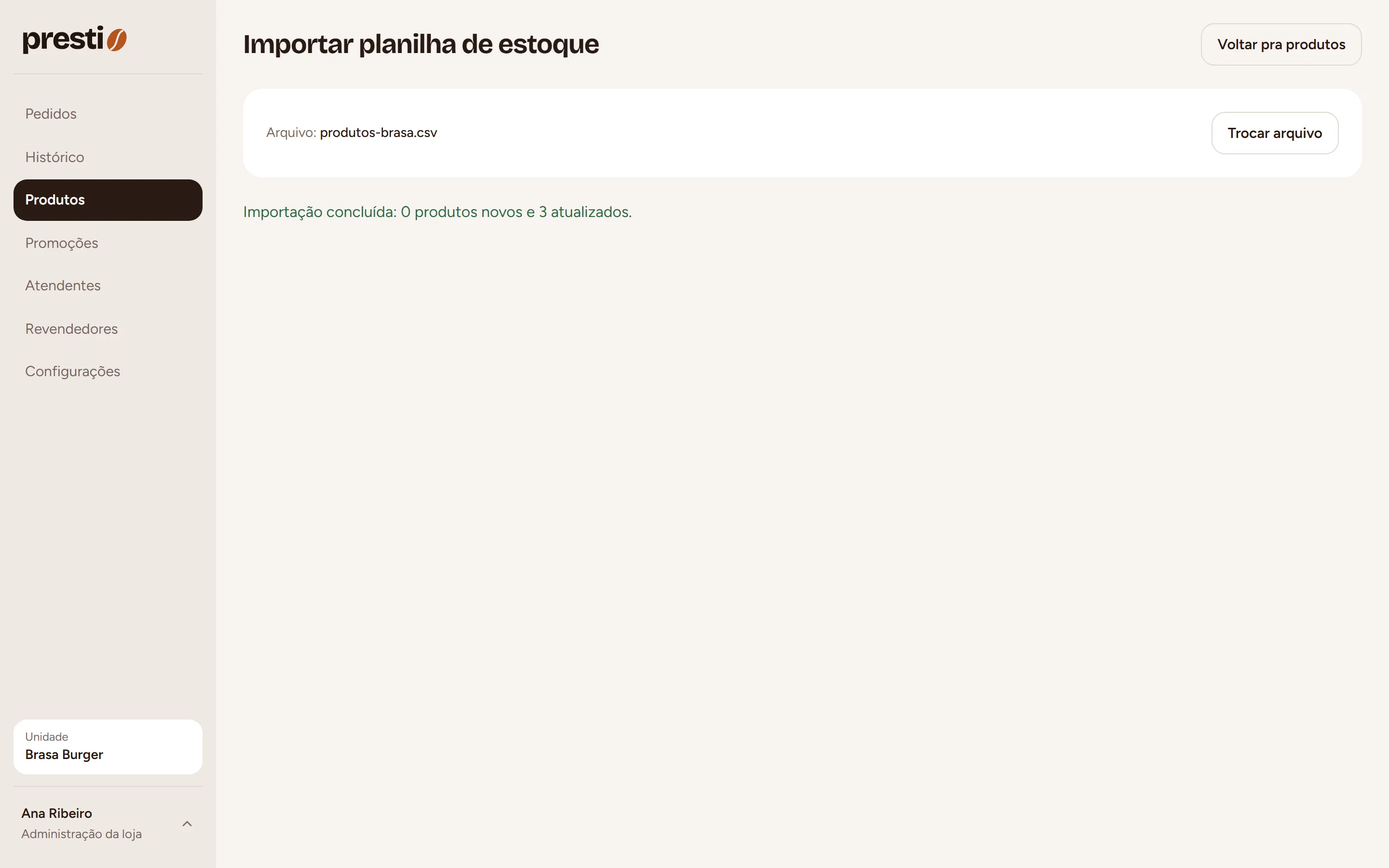 Resultado: Aparece "Importação concluída" com o resumo.