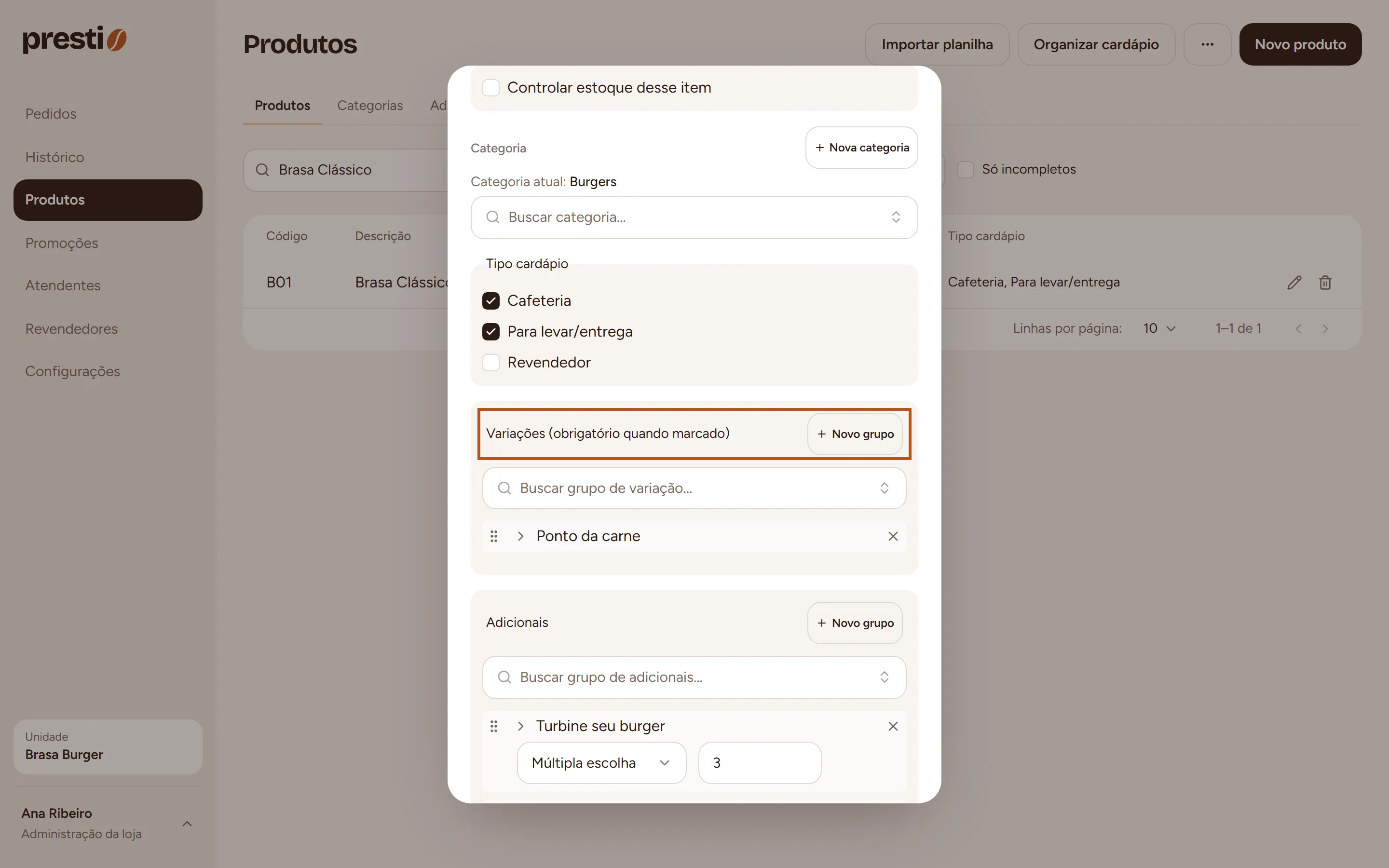 Passo 1: Em Variações, marque os grupos que o cliente precisa responder (ex.: ponto da carne).