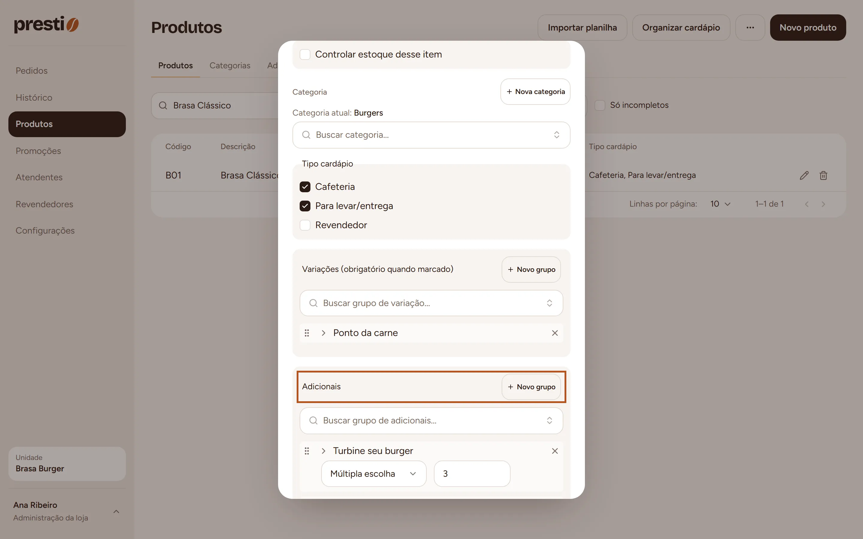 Passo 2: Em Adicionais, marque os grupos de extras que o cliente pode escolher. Salve.