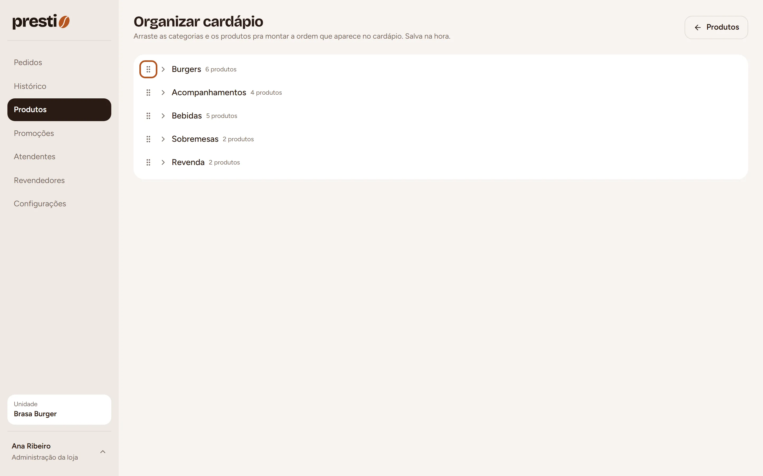 Passo 1: Segure o ícone de arrastar ao lado da categoria ou do produto e solte na posição desejada.