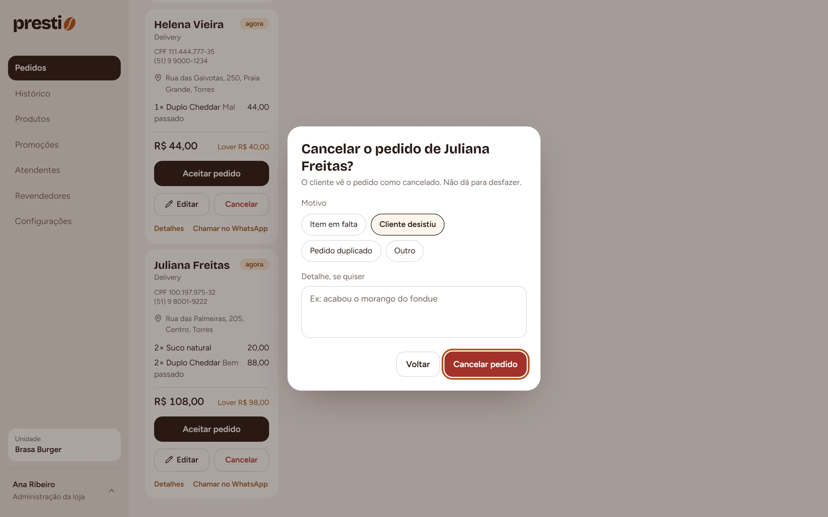 Passo 2: Escolha o motivo (ou escreva outro) e clique em Cancelar pedido.