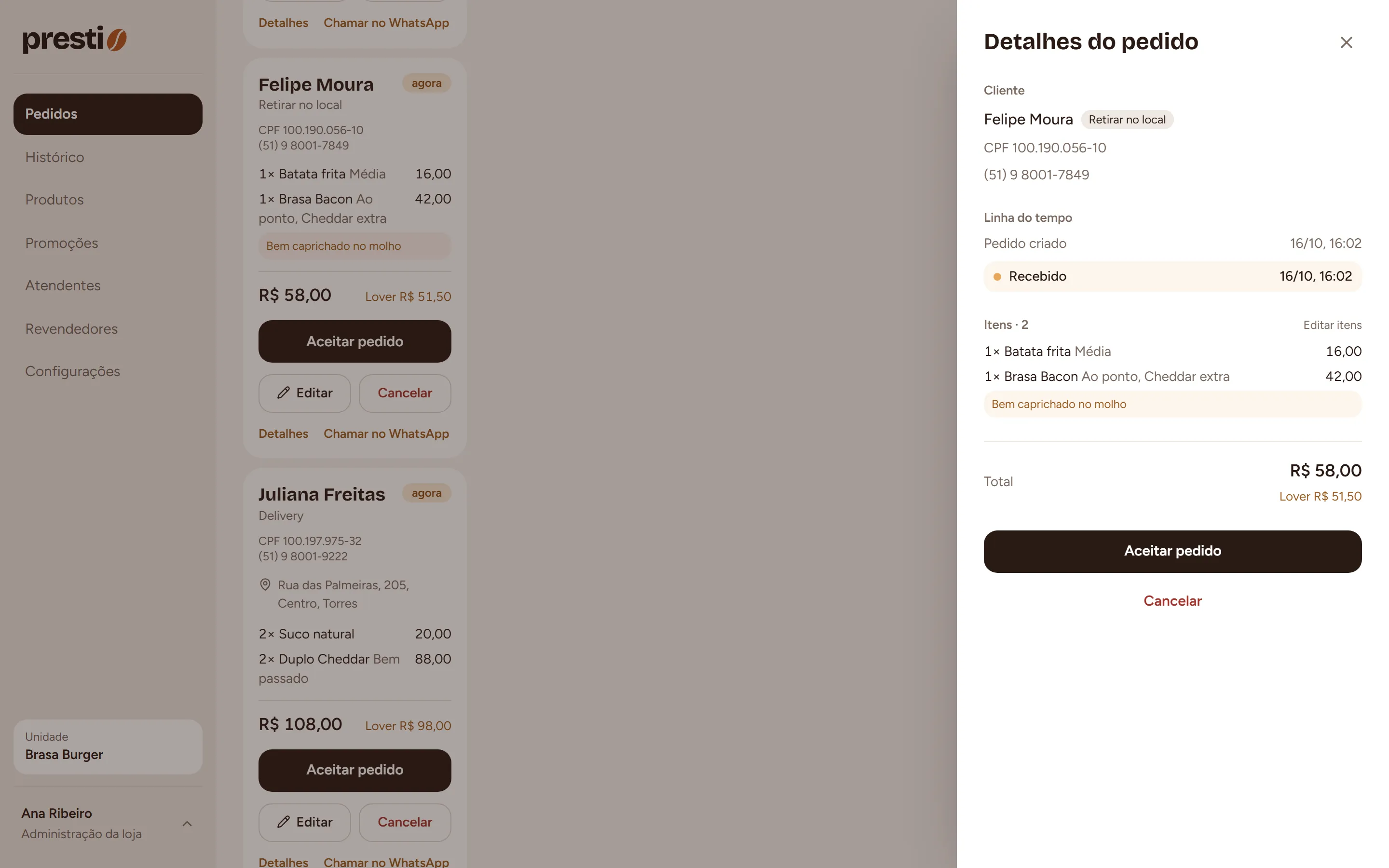 Passo 2: Confira cliente, contato, endereço, itens, observações e o andamento.
