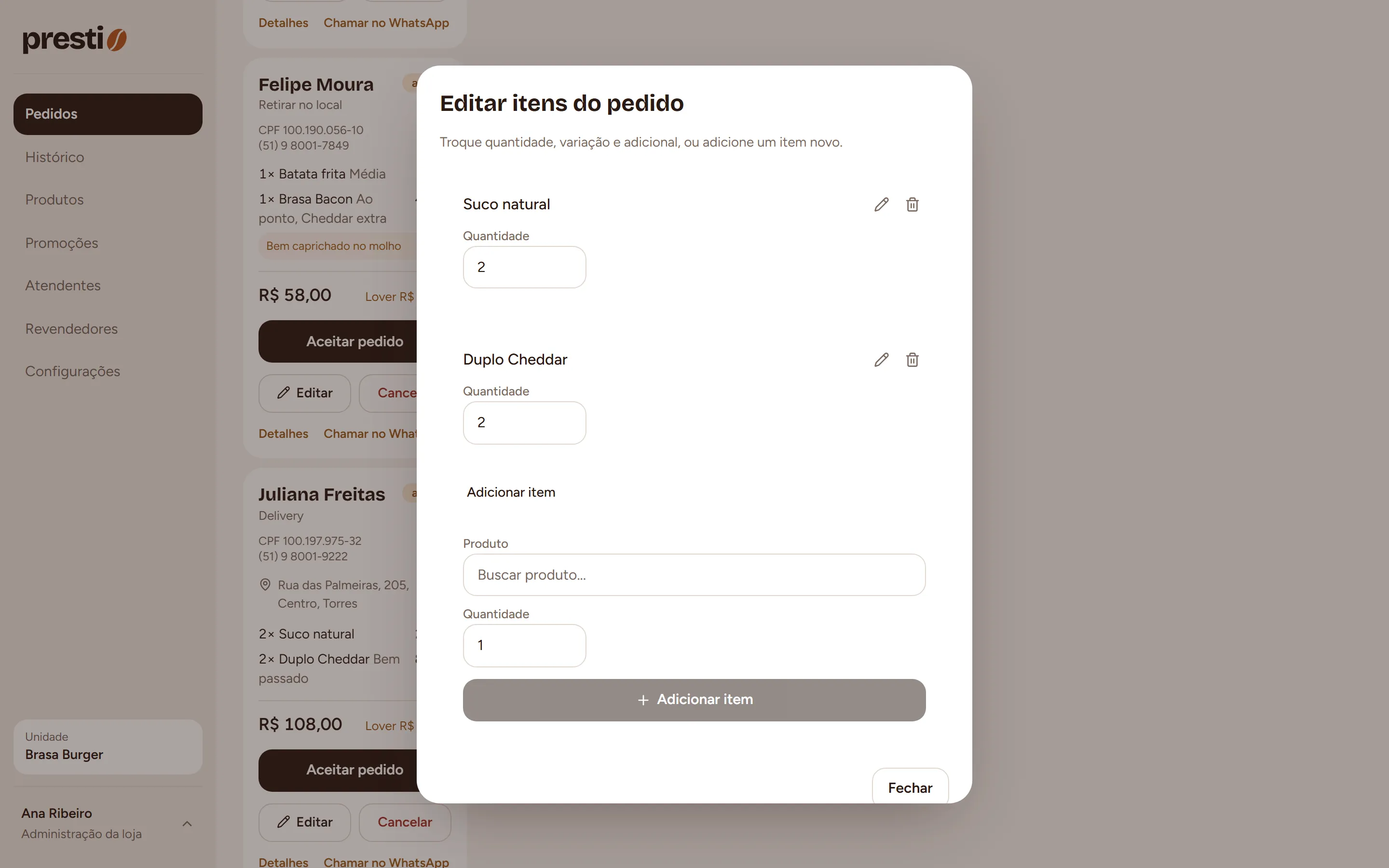Passo 2: Mude quantidade, opções ou adicionais, inclua ou remova itens e salve.